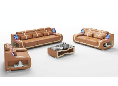 Living room complete leather sofas couch set brown 3-piece set