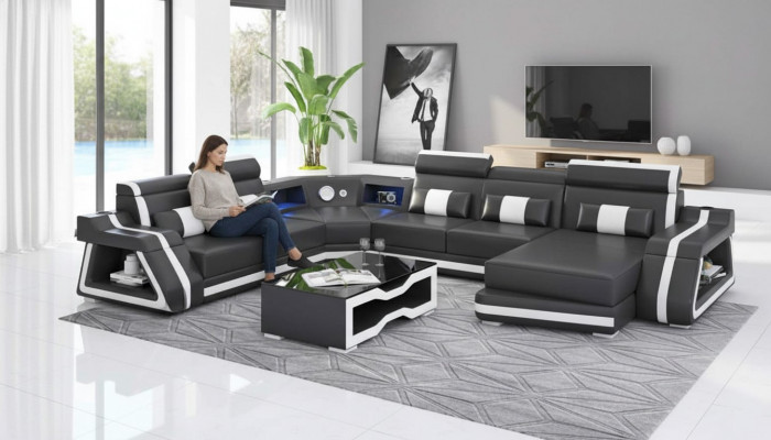 Large corner sofa living landscape XXL sofa U-shaped leather sofa black sofas