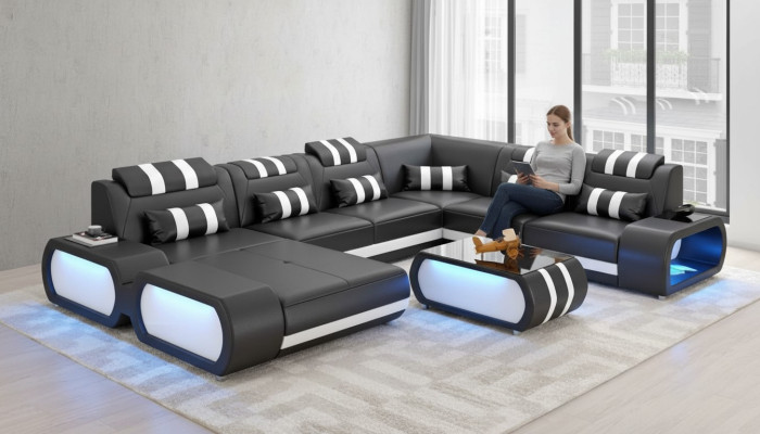 Modern XXL U-Shaped Large Corner Sofa Leather Sofa Black Faux Leather