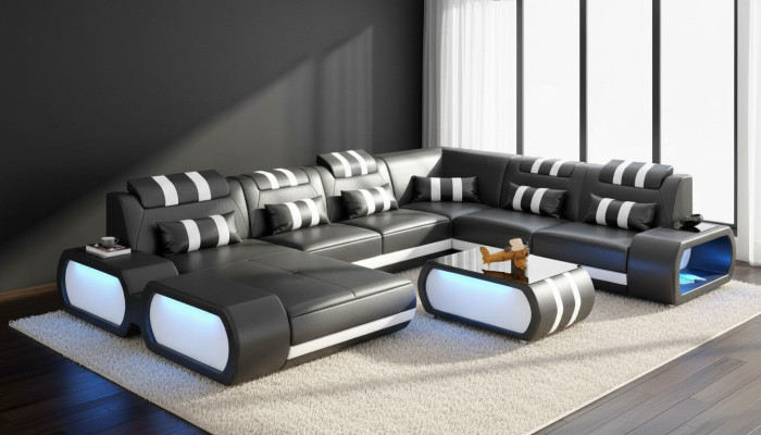 Modern XXL U-Shaped Large Corner Sofa Leather Sofa Black Faux Leather