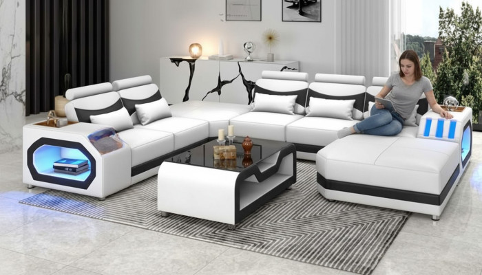 Large Living Landscape Sofa XXL U-Shaped Corner Sofa Leather Sofa White Sofas