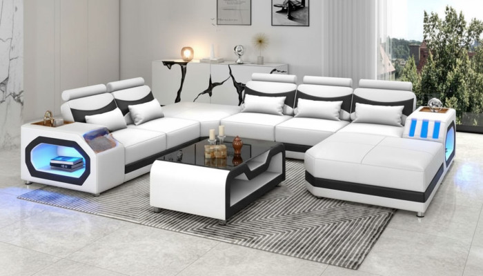 Large Living Landscape Sofa XXL U-Shaped Corner Sofa Leather Sofa White Sofas