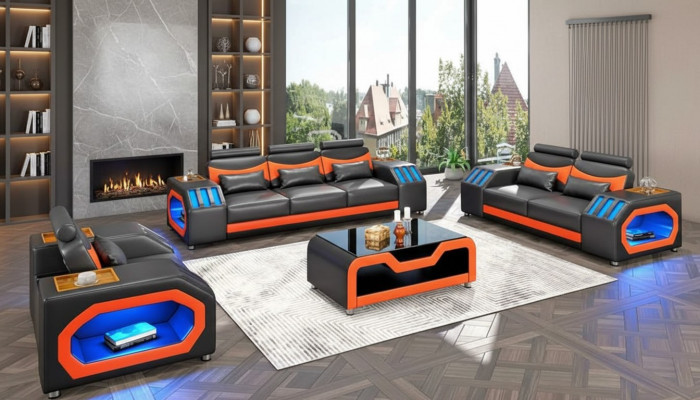 Sofa set two-seater leather sofas armchair three-seater 3-piece black set