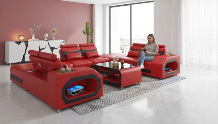 Design living landscape large sofa XXL U shape corner sofa leather sofa red LED