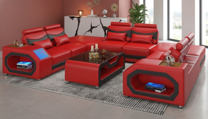 Design living landscape large sofa XXL U shape corner sofa leather sofa red LED
