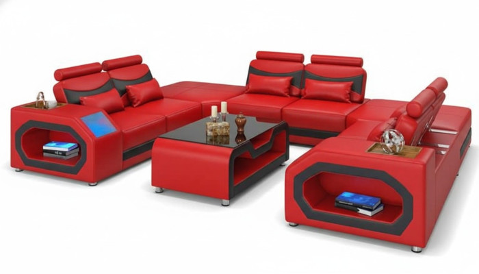 Design living landscape large sofa XXL U shape corner sofa leather sofa red LED