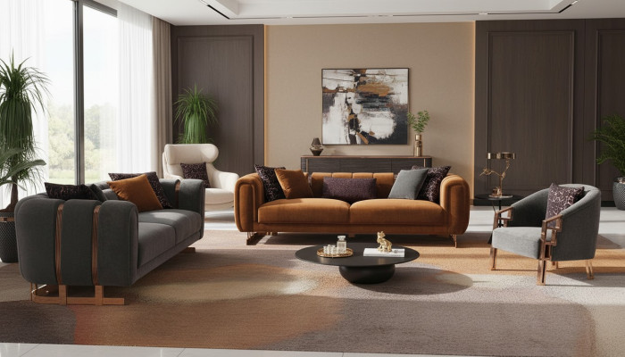 Upholstered Sofa Complete Couch Suite Sofa Set Gray Seater Fabric Sofa Sofa
