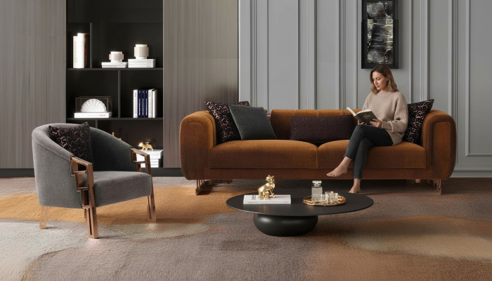 Three-seater sofa set armchair brown fabric sofa set complete sofa