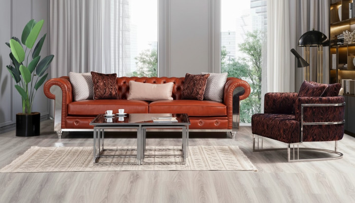 Chesterfield sofa set artificial leather three-seater brown sofa set couches
