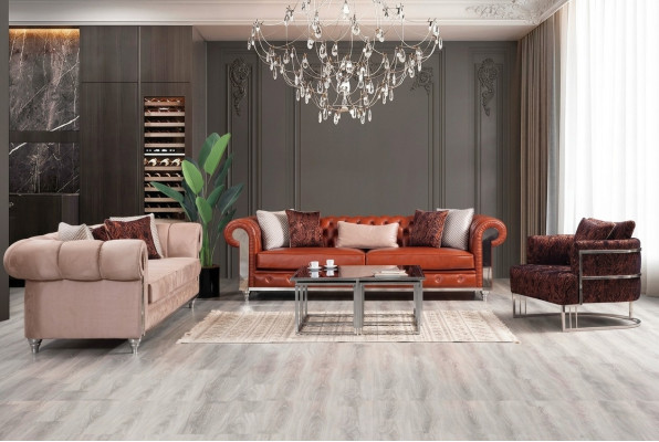 Chesterfield Sofa Set Three-Seater Brown Sofa Set Upholstered Sofa