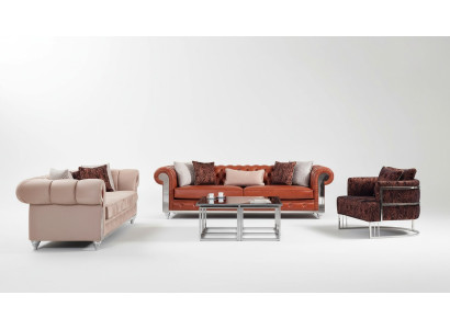 Chesterfield Sofa Set Three-Seater Brown Sofa Set Upholstered Sofa