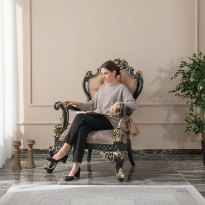 Armchair Beige Wing Chair Baroque Seat Fabric Polyester Living Room