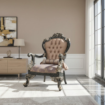 Armchair Beige Wing Chair Baroque Seat Fabric Polyester Living Room