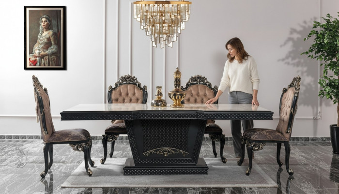 Dining corner, dining group, dining room, dining table, chairs, wood set, 9-piece, gray, baroque