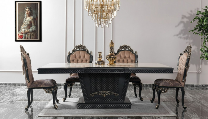 Dining corner, dining group, dining room, dining table, chairs, wood set, 9-piece, gray, baroque
