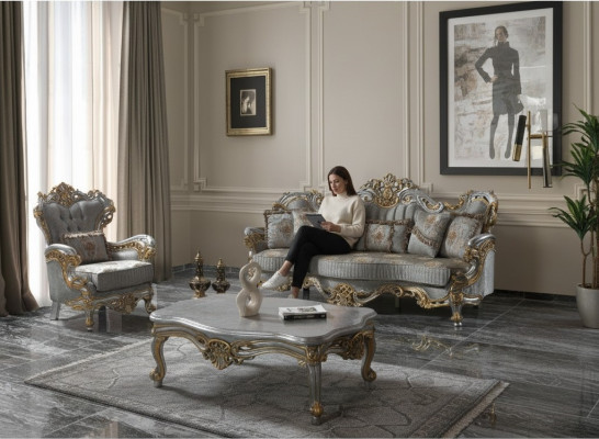 Luxury Upholstered Sofa Set Complete Couch Set Gray Fabric Sofa