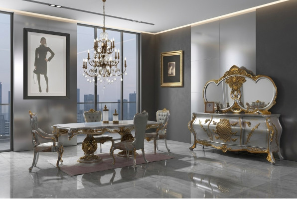 Dining room set dining corner dining table chairs wood set 9-piece gray baroque