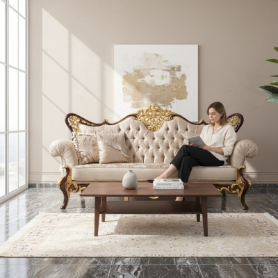 Three-seater sofa 3 seater upholstered sofa fabric sofa beige baroque polyester