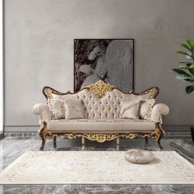 Three-seater sofa 3 seater upholstered sofa fabric sofa beige baroque polyester