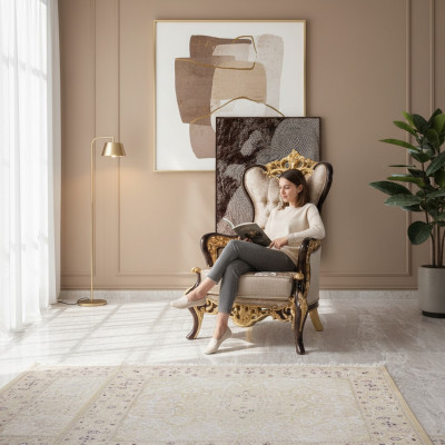 Wingback armchair, armchair, beige, baroque, seat, fabric, polyester, living room