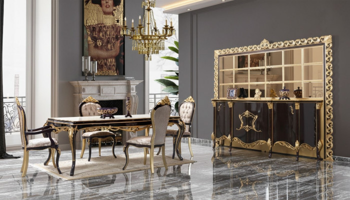 Luxury dining set dining room dining table chairs wood 10-piece brown sideboard