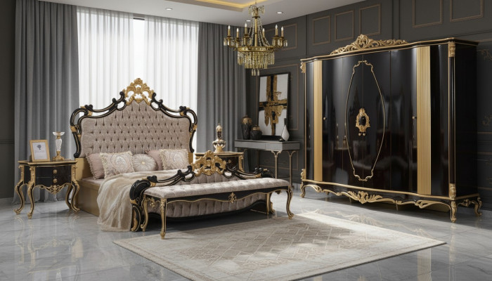 Chesterfield Luxury Bedroom Set Bed Double Bed 5-piece Black