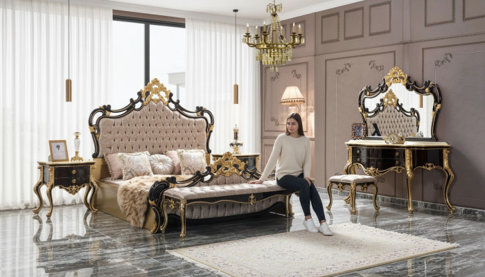Double bed set Chesterfield luxury bedroom bed 6-piece black beds