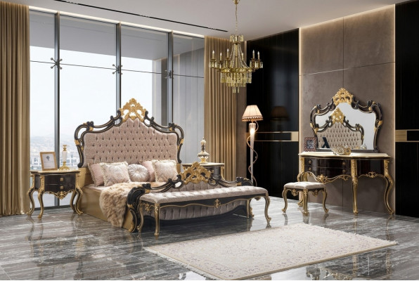Double bed set Chesterfield luxury bedroom bed 6-piece black beds