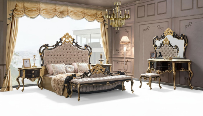Double bed set Chesterfield luxury bedroom bed 6-piece black beds
