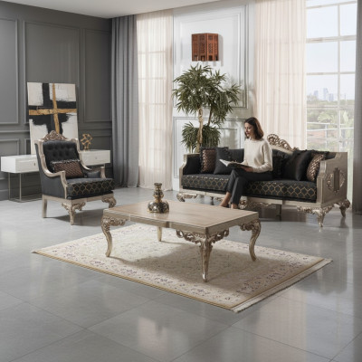 Upholstered sofa set, three-seater sofa, armchair, fabric sofa, gray, 3-piece table.
