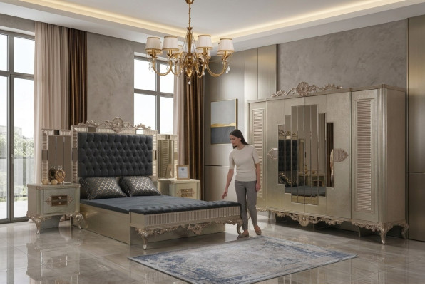 Chesterfield Double Bed Luxury Bedroom Set 5-piece Gold Beds