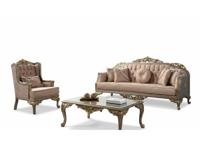 Chesterfield Sofa Set Three-Seater Armchair Fabric Coffee Table Beige New