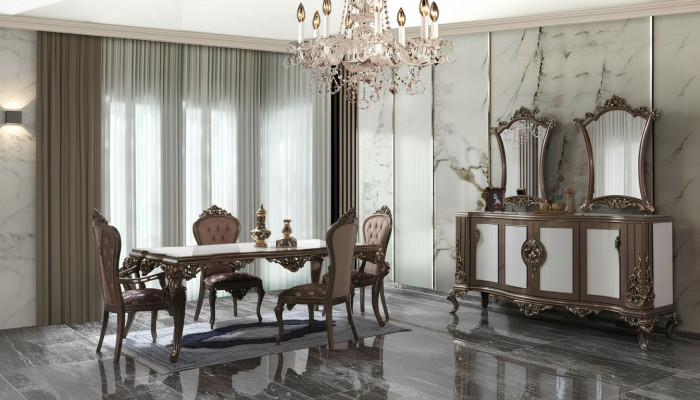 Complete dining group dining room dining table wooden set 12 pieces brown sideboard