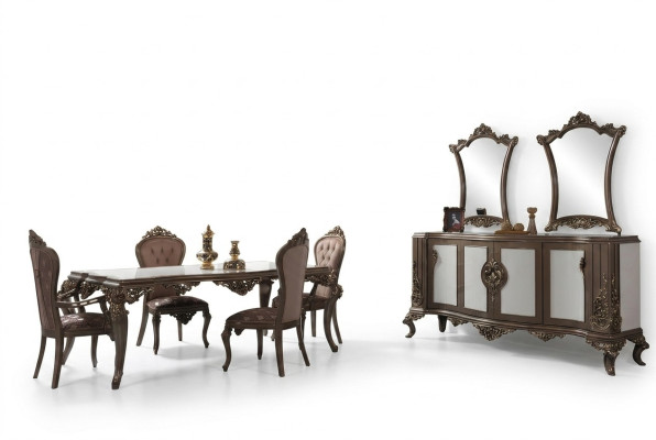 Complete dining group dining room dining table wooden set 12 pieces brown sideboard