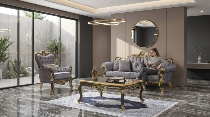Chesterfield Sofa Set Upholstered Sofa Blue Three-Seater Chair Set