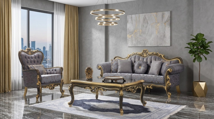 Chesterfield Sofa Set Upholstered Sofa Blue Three-Seater Chair Set