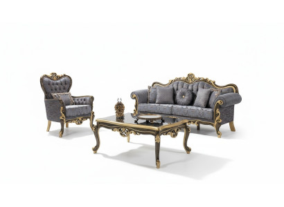 Chesterfield Sofa Set Upholstered Sofa Blue Three-Seater Chair Set