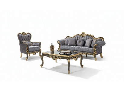 Chesterfield Sofa Set Upholstered Sofa Blue Three-Seater Chair Set