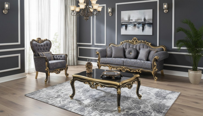 Chesterfield upholstered sofa set blue three-seater armchair set