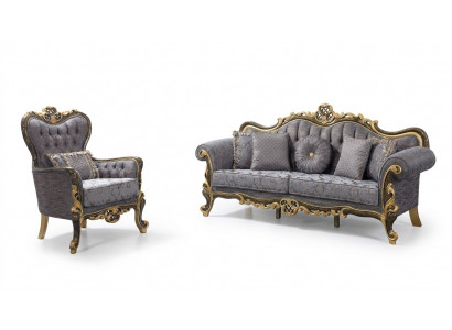 Chesterfield upholstered sofa set blue three-seater armchair set