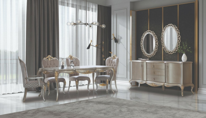Complete dining room set table sideboard dining room dining table wood set 12-piece beige