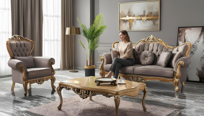 Chesterfield sofa set three-seater armchair fabric coffee table gray sofa