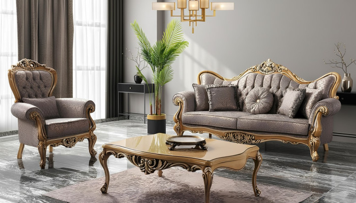 Chesterfield sofa set three-seater armchair fabric coffee table gray sofa
