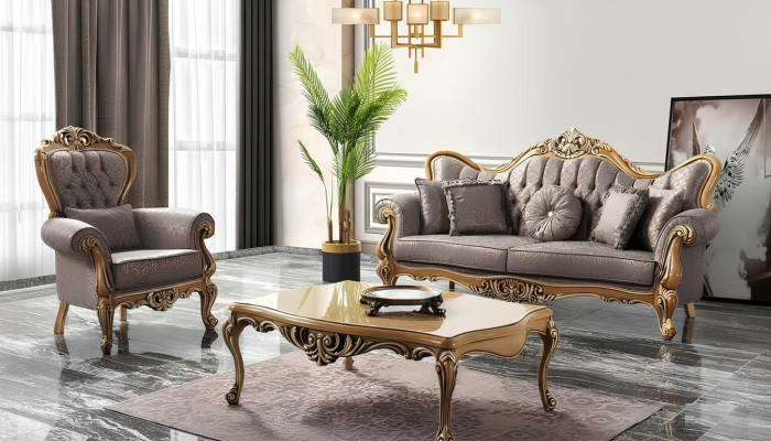 Chesterfield Upholstered Sofa Set Fabric Sofa Gray Set New