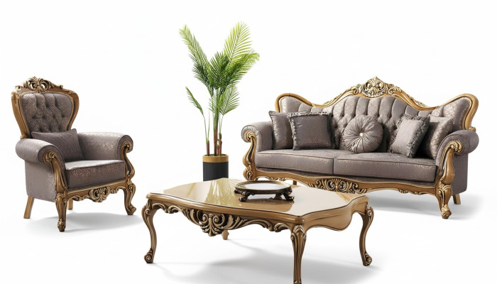 Chesterfield Upholstered Sofa Set Fabric Sofa Gray Set New
