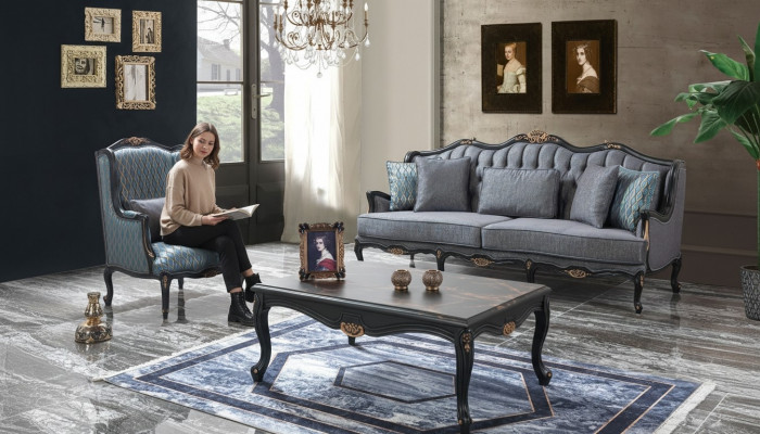 Chesterfield sofa set three-seater armchair fabric coffee table blue new