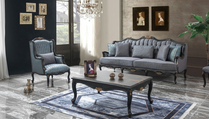 Chesterfield sofa set three-seater armchair fabric coffee table blue new