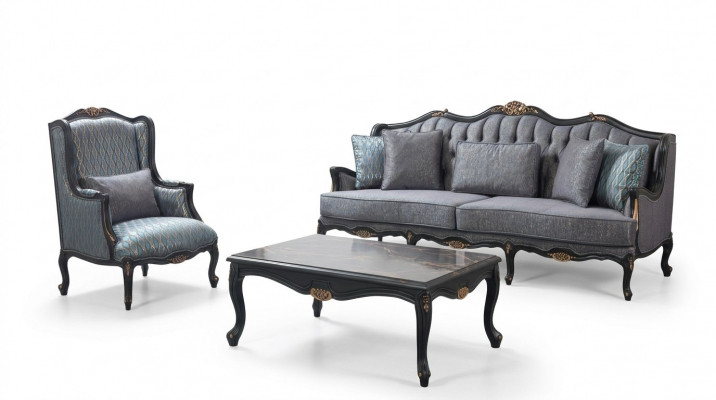 Chesterfield sofa set three-seater armchair fabric coffee table blue new