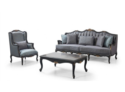 Chesterfield sofa set three-seater armchair fabric coffee table blue new