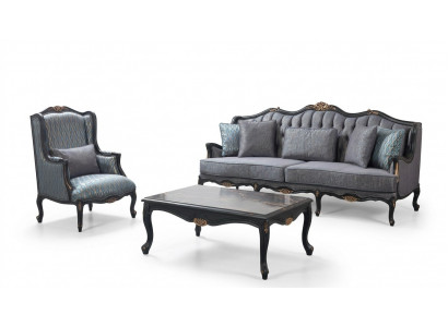 Chesterfield sofa set three-seater armchair fabric coffee table blue new